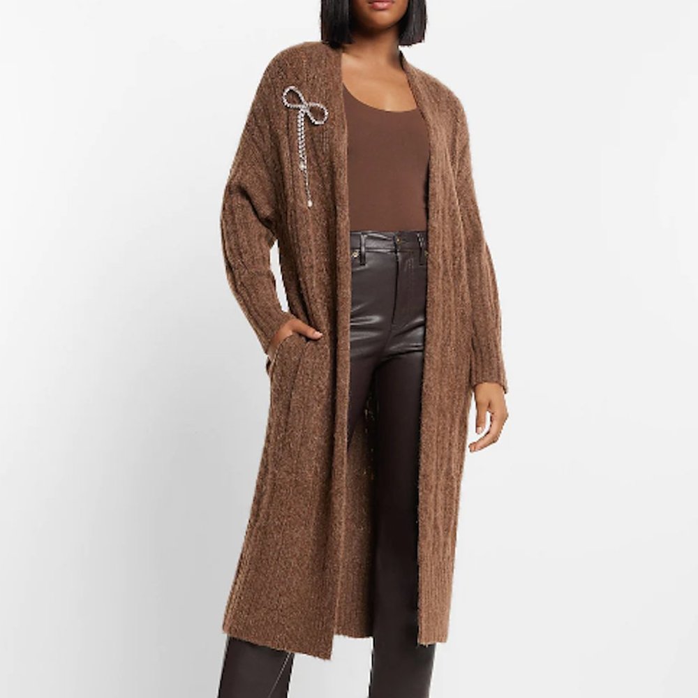 NWT Rhinestone Bow Embellished Cable Knit Duster Cardigan Sweater - XS, Brown